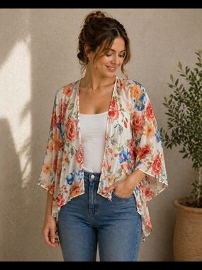 Emory Park Kimono Lightweight Sleep Swim Coral Blue Pink Floral Sz Small